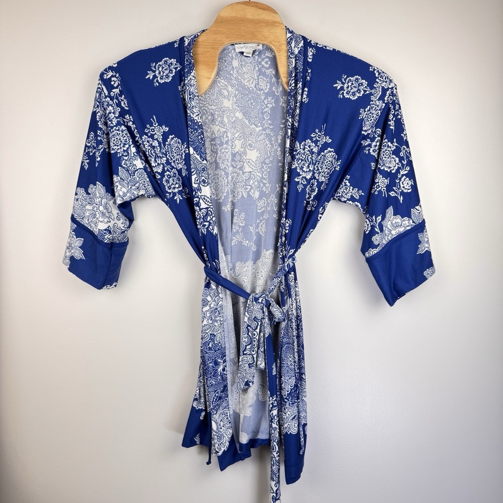 In Bloom By Jonquil Paisley Floral Wrap Kimono Robe Blue/White Women XS Bohemian